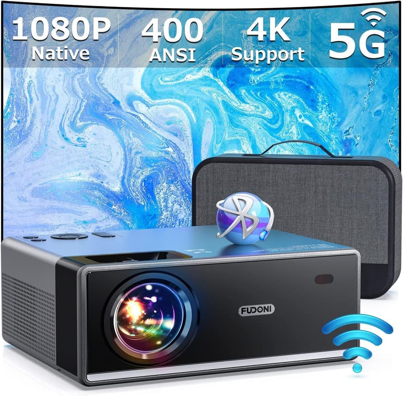 FUDONI Projector with 5G WiFi and Bluetooth, 1080P 18000L Outdoor Projector with HDMI and USB, Max 300" Display Zoom Function for Movies & Gaming, Compatible with TV Stick/Phone/Laptop