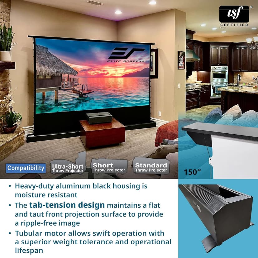 EliteProjector Screens Kestrel Tab-Tension 3 CineWhite, 122" Diag., 16:9 Aspect Ratio, ISF Certified 4K/8K Ultra HD Electric Floor-Rising Motorized Tab-Tensioned Front Projector Screen, FTE122H3