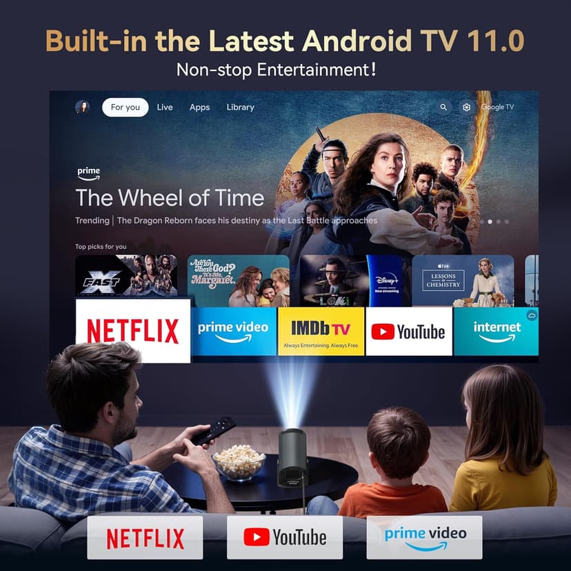 Mini Projector Built in Android TV 11.0 Portable Smart Projector with Wifi and Bluetooth 210°Rotatable 1080P Support Short Throw Outdoor Auto Keystone 40''-150'' Screen Home Theater Projector
