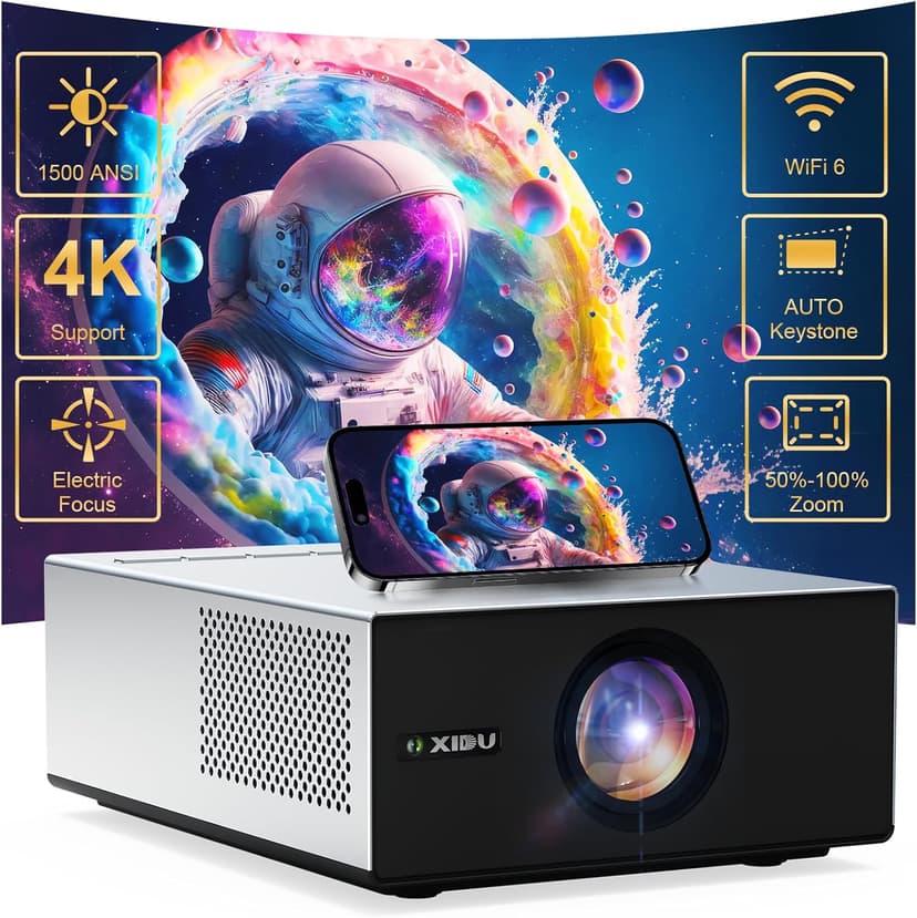 4K Projector with WIFI and Bluetooth, XIDU 1500ANSI Electric Focus Aluminum Alloy Projector, Auto Keystone 1080P Movie Projector, Dual 8W Speaker, Home Theater Portable Projector for Phone (Silver)
