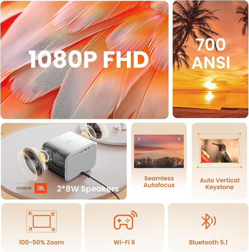 [Sound by JBL & 700ANSI] Yaber 1080P Projector with WiFi 6 and Bluetooth, [Seamless Autofocus] Portable Outdoor Movie Projector, Home Theater Projector for iPhone/TV Stick/HDMI/USB/Laptop/PS5-White