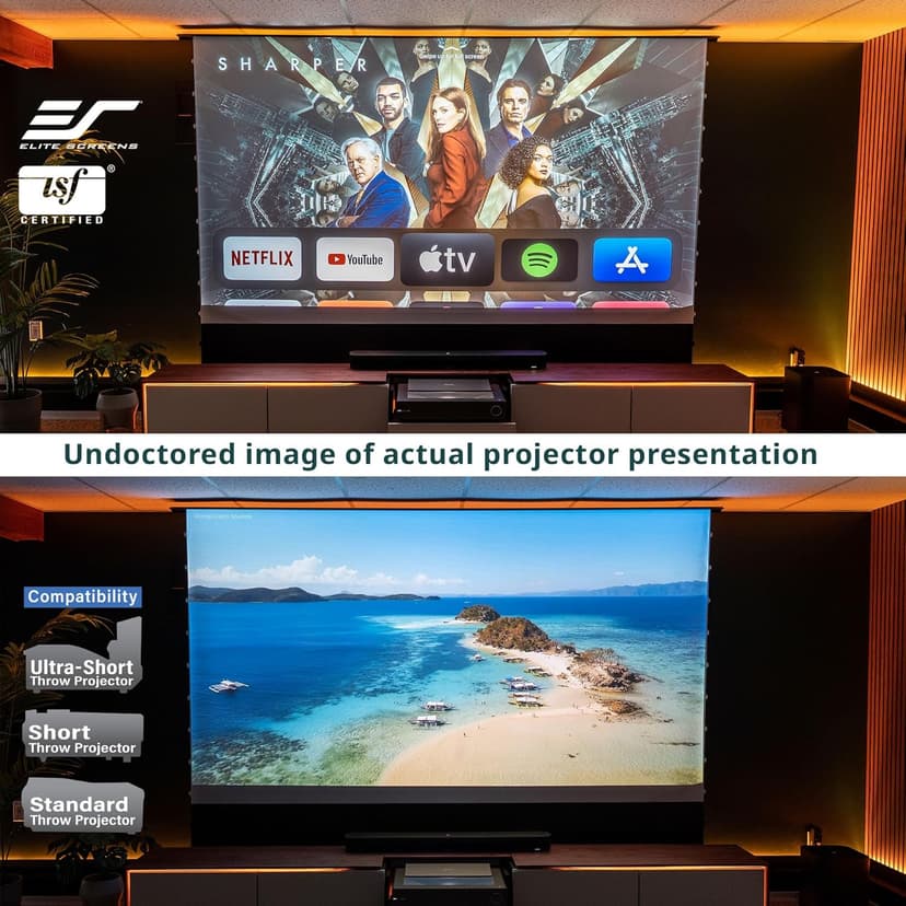 EliteProjector Screens Kestrel Tab-Tension 3 CineWhite, 122" Diag., 16:9 Aspect Ratio, ISF Certified 4K/8K Ultra HD Electric Floor-Rising Motorized Tab-Tensioned Front Projector Screen, FTE122H3