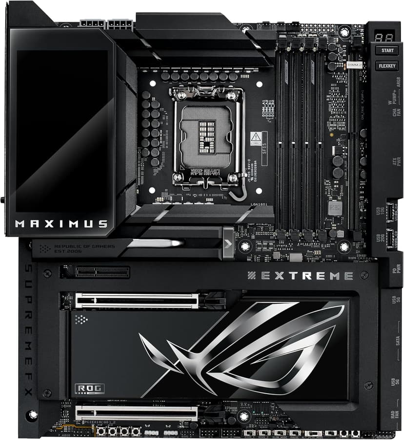 ASUS ROG MAXIMUS Z890 EXTREME Intel® Z890 LGA 1851 E-ATX motherboard, Advanced AI PC-ready, 24+2+1+2 stages, DDR5, WiFi7, 2.5G/10G LAN, PCIe® 5.0 M.2, Thunderbolt™ 5, USB Type-C®, AI OC, 5” LCD Screen