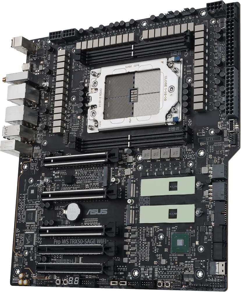 ASUS Pro WS TRX50-SAGE WIFI CEB Workstation motherboard, AMD Ryzen Threadripper PRO 7000 WX,ECC R-DIMM DDR5, 36 power-stage, WiFi 7,PCIe 5.0 x 16,PCIe 5.0 M.2, 10 Gb and 2.5 Gb LAN, multi-GPU support.