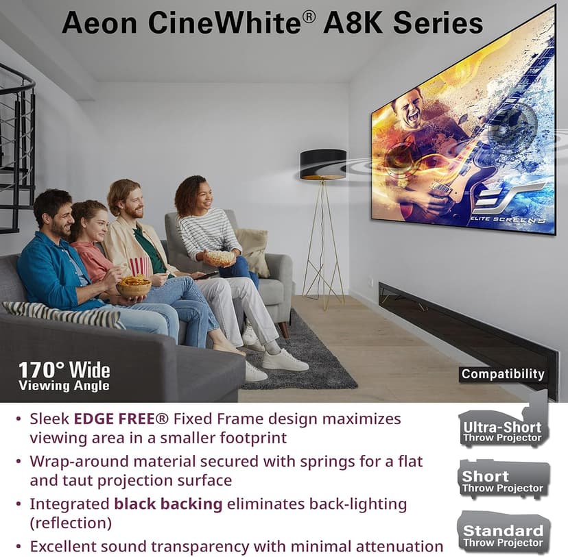Elite Screens Aeon CineWhite A8K, 150" Diag, 16:9 Aspect Ratio, ISF Certified 8K Ultra HD Home Theater Fixed Frame Edge Free Projection Sound Transparent Perforated Weaved Screen, AR150H-A8K