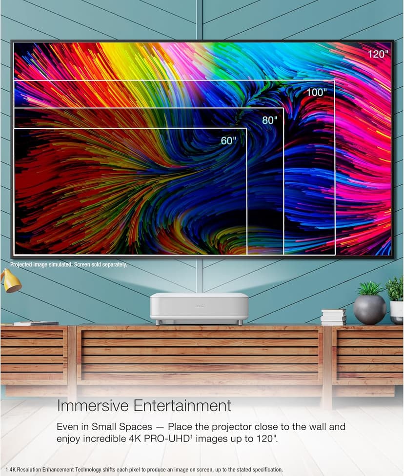 Epson EpiqVision Ultra LS650 Ultra Short Throw 3-Chip 3LCD Smart Streaming Laser Projector, 4K PRO-UHD, HDR, 3,600 Lumens, up to 120", Epson Setting Assistant, Android TV, Sound by Yamaha - White