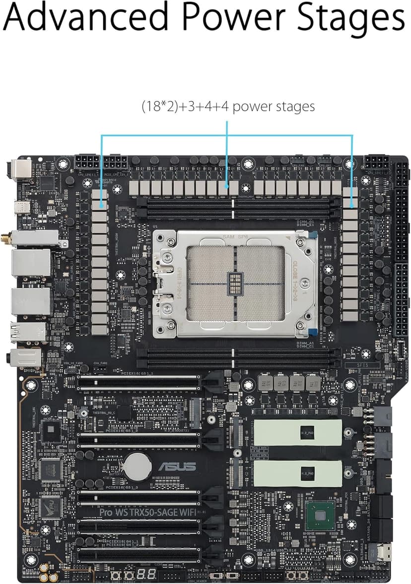 ASUS Pro WS TRX50-SAGE WIFI CEB Workstation motherboard, AMD Ryzen Threadripper PRO 7000 WX,ECC R-DIMM DDR5, 36 power-stage, WiFi 7,PCIe 5.0 x 16,PCIe 5.0 M.2, 10 Gb and 2.5 Gb LAN, multi-GPU support.