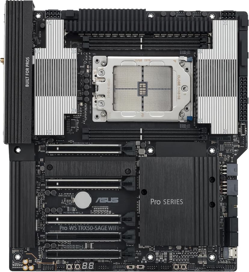 ASUS Pro WS TRX50-SAGE WIFI CEB Workstation motherboard, AMD Ryzen Threadripper PRO 7000 WX,ECC R-DIMM DDR5, 36 power-stage, WiFi 7,PCIe 5.0 x 16,PCIe 5.0 M.2, 10 Gb and 2.5 Gb LAN, multi-GPU support.