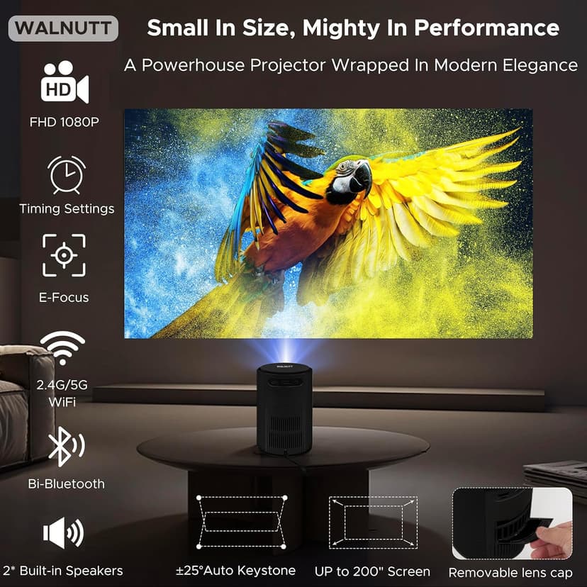 Mini Projector with Wifi and Bluetooth,Electric Focus 1080P 400ANSI Movie Projector,Walnutt 2025 Upgraded Portable Projector Auto Keystone Proyector Compatible with Smartphone/Laptop/TV Stick/HDMI/USB