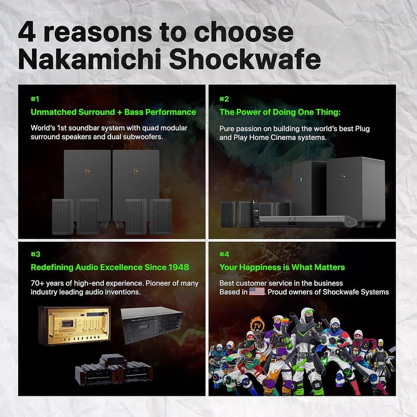 Nakamichi Shockwafe Ultra 9.2.4 Channel Dolby Atmos/DTS:X Soundbar with Dual 10" Subwoofers (Wireless), 4 Rear Surround Effects Speakers, eARC and SSE Max Technology (Flagship)