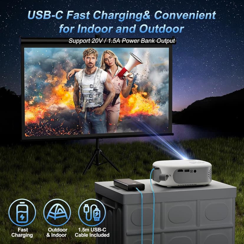 15000 Lumens Outdoor Movie Projector - Native 1080P HD Portable Projector with WiFi 6/Bluetooth 5.2, 300" Screen, ±15° Keystone | Compatible with iPhone, Android, Fire Stick, PS5, Xbox(USB-C Cable)