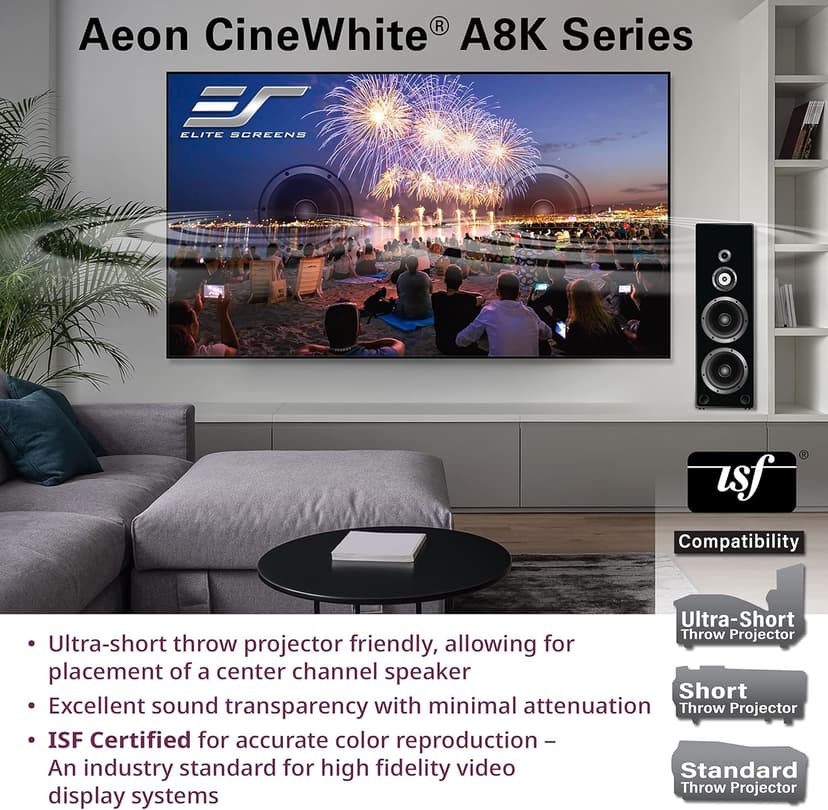 Elite Screens Aeon CineWhite A8K, 150" Diag, 16:9 Aspect Ratio, ISF Certified 8K Ultra HD Home Theater Fixed Frame Edge Free Projection Sound Transparent Perforated Weaved Screen, AR150H-A8K