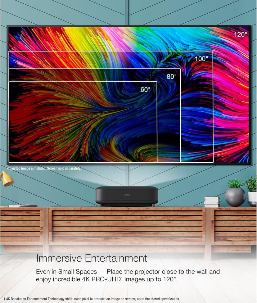 Epson EpiqVision Ultra LS650 Ultra Short Throw 3-Chip 3LCD Smart Streaming Laser Projector, 4K PRO-UHD, HDR, 3,600 Lumens, up to 120", Epson Setting Assistant, Android TV, Sound by Yamaha - Black
