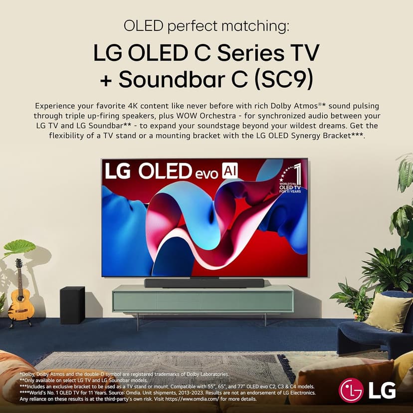 LG SC9S 3.1.3-Channel Perfect Matching Soundbar to the OLED evo C Series TV, Dolby Atmos, WOW Orchestra, WOWCAST Built-in with Wireless Dolby Atmos, Rear Speaker Ready, Wireless Subwoofer (2024 Model)