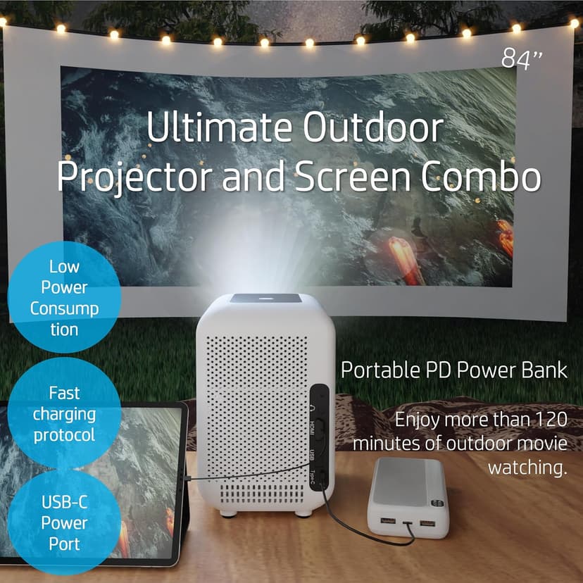 HP Projector CC180W Promo 3 in1, Portable HD Projector - outdoor projector and screen combo, USB-C Power Bank, short throw projector with wifi and bluetooth, Remote Control