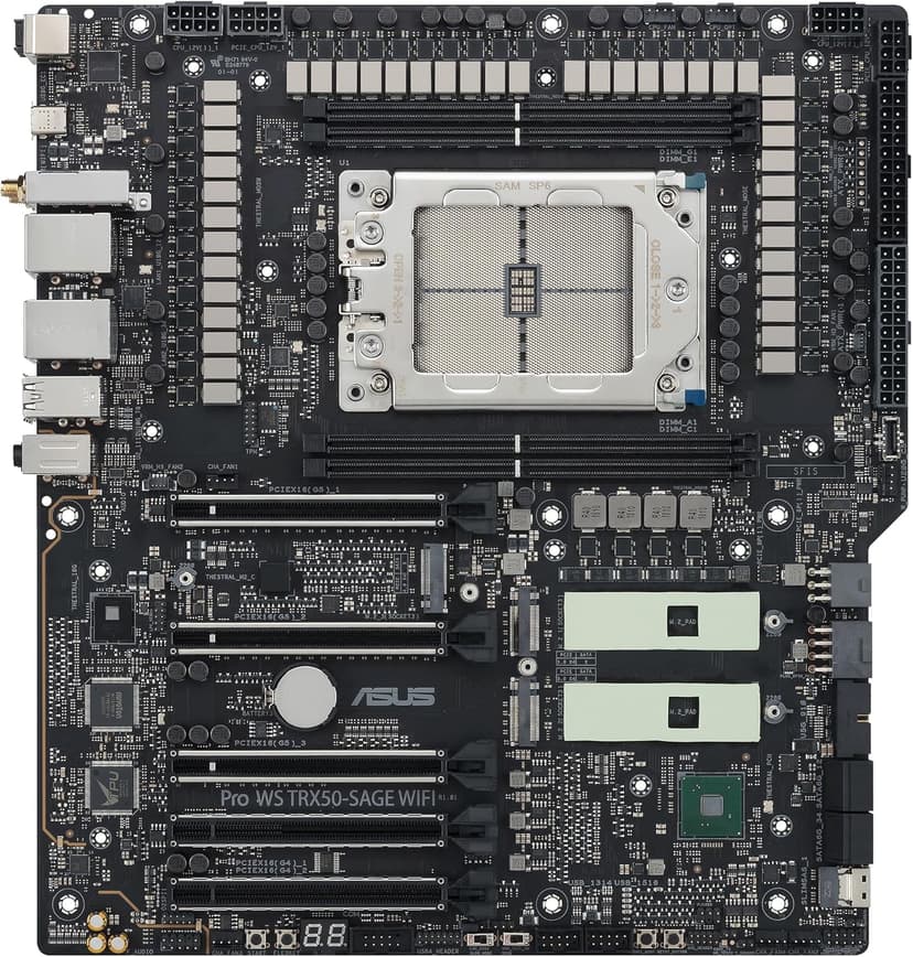 ASUS Pro WS TRX50-SAGE WIFI CEB Workstation motherboard, AMD Ryzen Threadripper PRO 7000 WX,ECC R-DIMM DDR5, 36 power-stage, WiFi 7,PCIe 5.0 x 16,PCIe 5.0 M.2, 10 Gb and 2.5 Gb LAN, multi-GPU support.