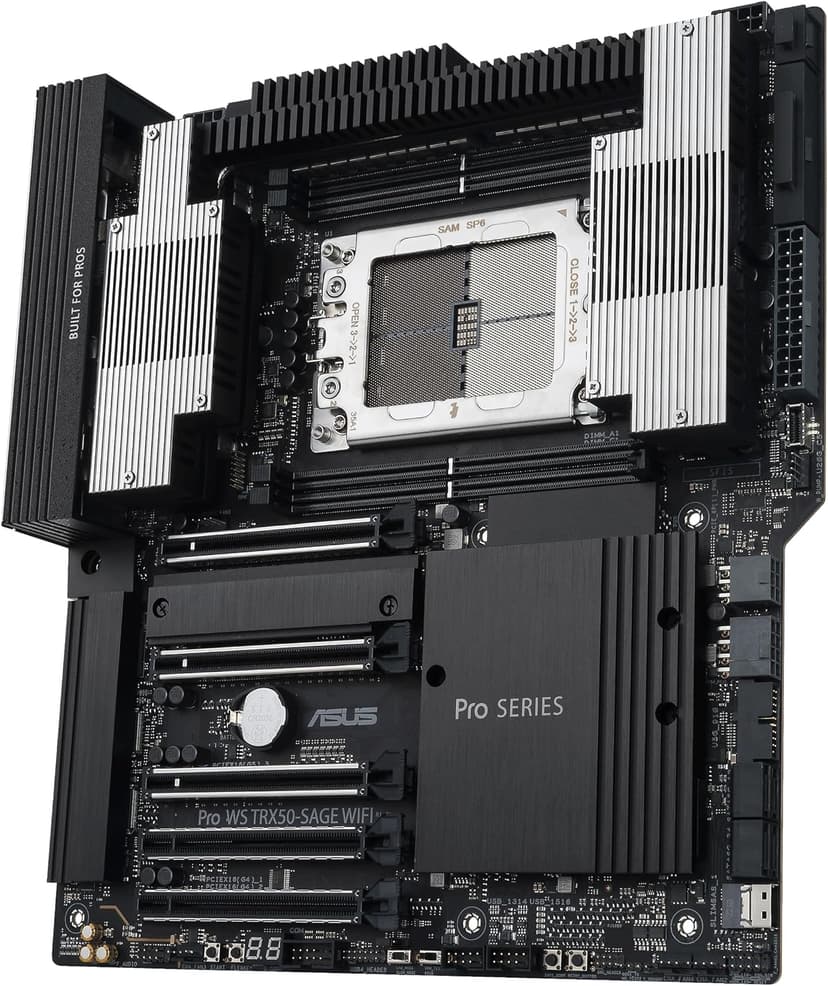 ASUS Pro WS TRX50-SAGE WIFI CEB Workstation motherboard, AMD Ryzen Threadripper PRO 7000 WX,ECC R-DIMM DDR5, 36 power-stage, WiFi 7,PCIe 5.0 x 16,PCIe 5.0 M.2, 10 Gb and 2.5 Gb LAN, multi-GPU support.