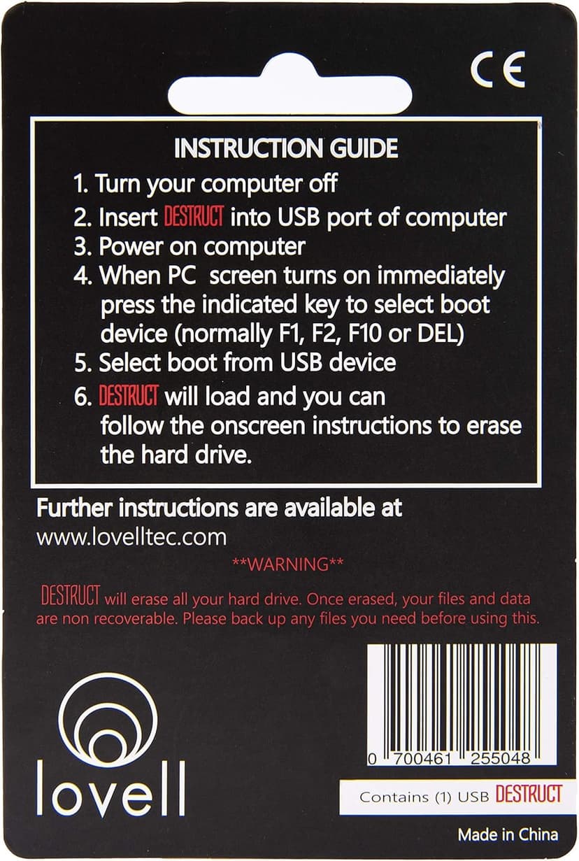 DESTRUCT USB Gadget - Military Grade Hard Drive Wiper - Permanently Erase All Data on PC and Laptops Before Selling