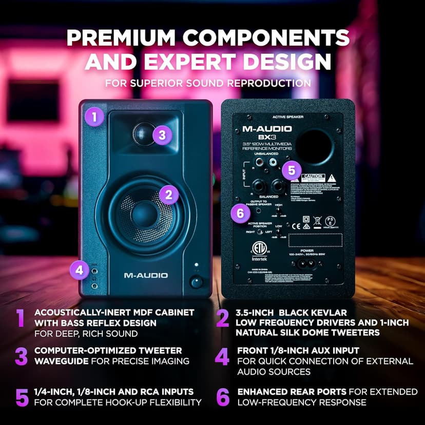 M-AUDIO BX3 Pair 3.5" 120W Studio Monitors, HD PC Speakers for Recording and Multimedia with Music Production Software