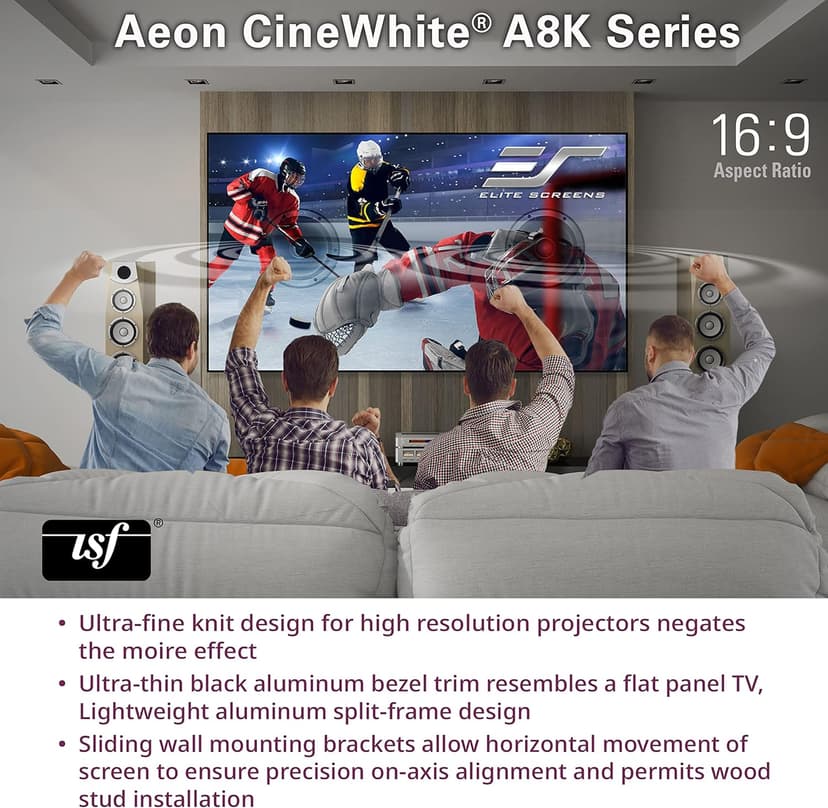 Elite Screens Aeon CineWhite A8K, 150" Diag, 16:9 Aspect Ratio, ISF Certified 8K Ultra HD Home Theater Fixed Frame Edge Free Projection Sound Transparent Perforated Weaved Screen, AR150H-A8K