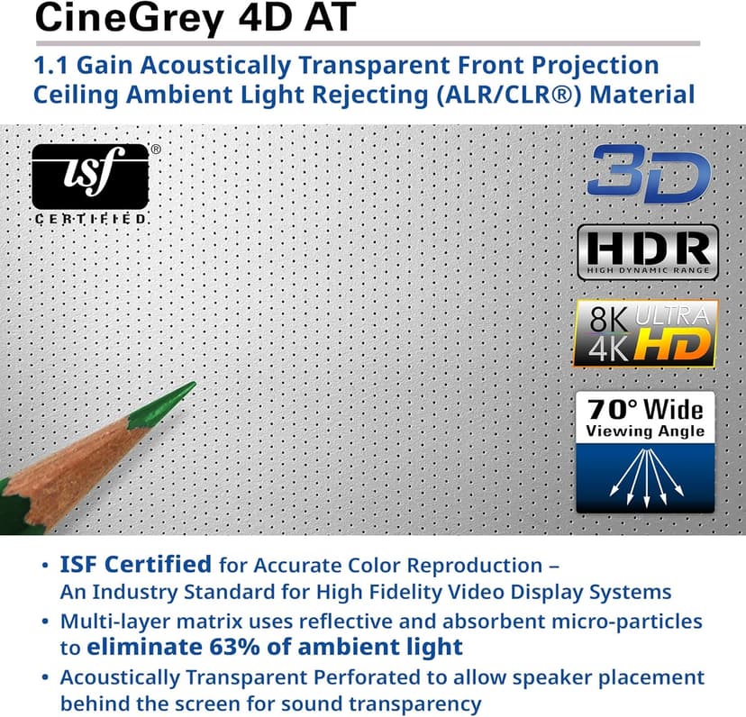 Elite Screens Aeon CineGrey 4D Acoustically Transparent, 150" Diag. 16:9, 4K/8K Ceiling Ambient Light Rejecting (CLR/ALR) Fixed Frame Edge Free Sound Transparent Projector Screen, AR150H-ATD4