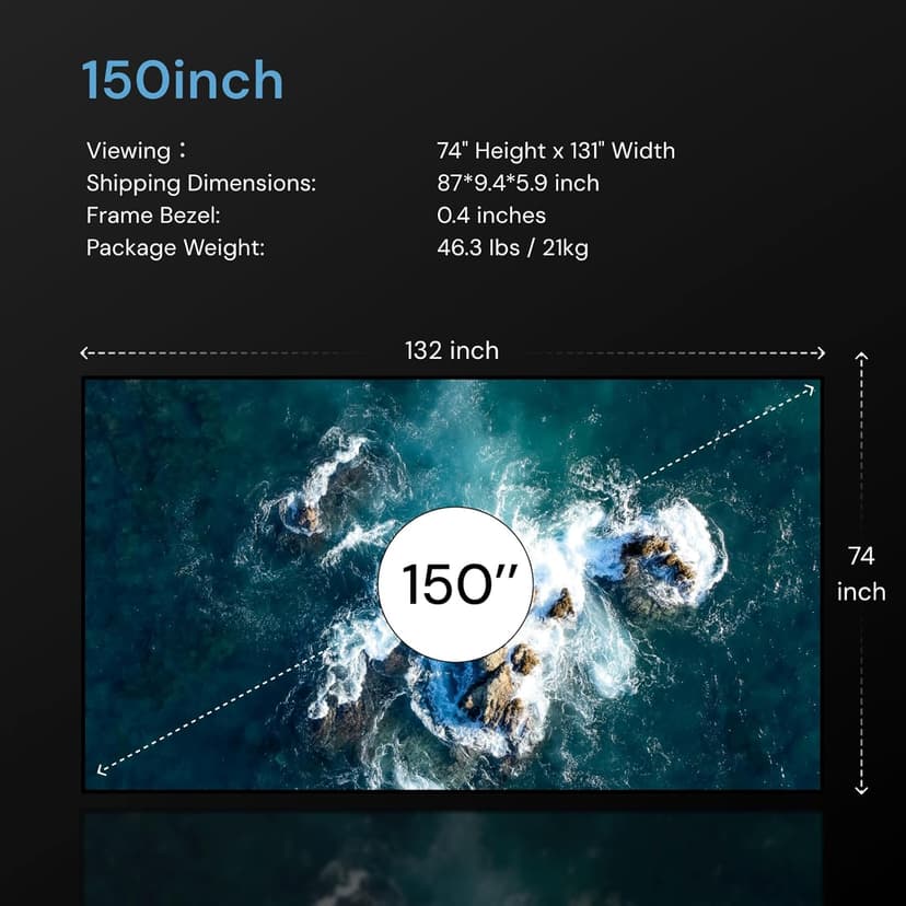 150-inch Fixed Frame Projector Screen, 1.3 dB Gain, 80% PQE, 4K/8K Ultra HD, 3D Wall Mount Projector Screen, Works with Long Throw, Short Throw & Ultra Short Throw Projectors