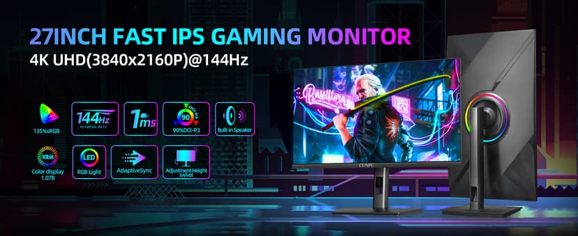 27 Inch 4K 144Hz Gaming Monitor, UHD 3840x2160 Fast IPS Panel PC Monitor, 135% sRGB, HDR400Nit, Freesync & G-sync, Support PS5 120Hz VRR, HDMI 2.1,DP 1.4, Height/Vertical Adjustment