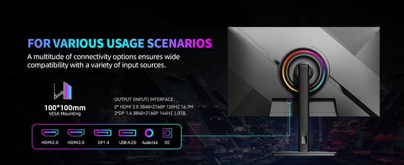 27 Inch 4K 144Hz Gaming Monitor, UHD 3840x2160 Fast IPS Panel PC Monitor, 135% sRGB, HDR400Nit, Freesync & G-sync, Support PS5 120Hz VRR, HDMI 2.1,DP 1.4, Height/Vertical Adjustment