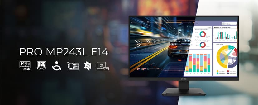 MSI PRO MP243L E14 24-inch IPS 1920 x 1080 (FHD) Gaming Office Monitor, 144Hz, Adaptive-Synch, HDR Ready, HDMI, VGA Port,VESA Mountable, Tilt, 4-Side Slim Bezel,1ms, Black