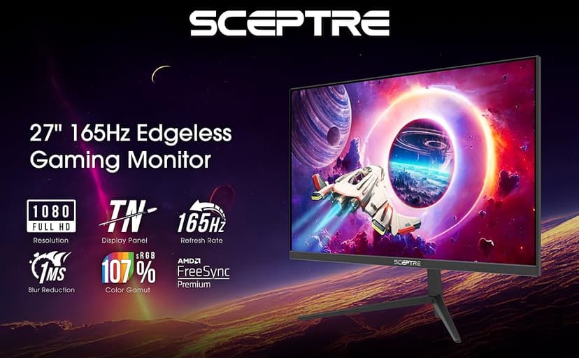 Sceptre 27-inch Gaming Monitor 165Hz 144Hz 1ms AMD FreeSync Premium HDMI DisplayPort Build-in Speakers, 99% sRGB Machine Black (E275B-FWD168 Series)