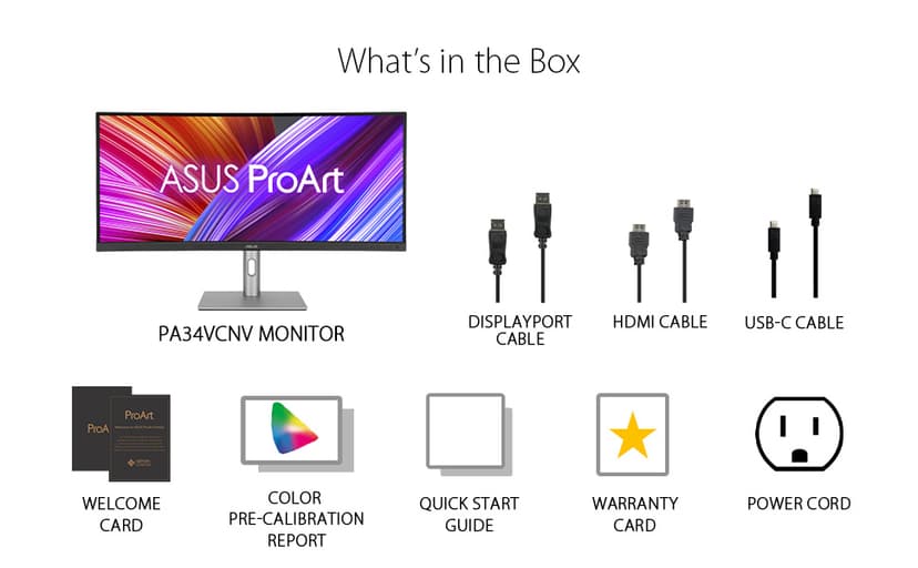 ASUS ProArt Display 34” Ultrawide Curved Professional HDR Monitor (PA34VCNV) - IPS, 21:9 3440 x 1440, 3800R Curve, 100% sRGB/Rec709, ΔE<2, Calman Verified, USB-C Docking PD 96W, RJ45, 3 Year Warranty