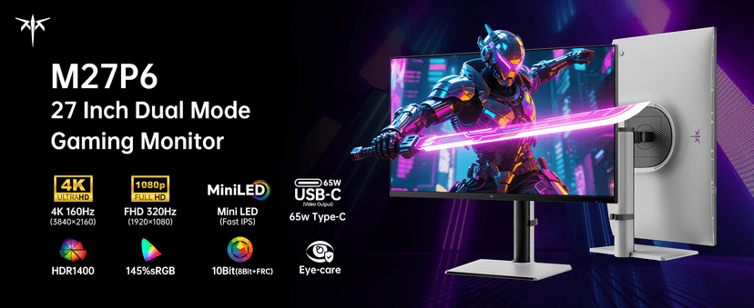 KTC 27 Inch Dual Mode Mini LED Monitor - 4K UHD at 160Hz & 1080P FHD 320Hz Gaming Monitor, 65W Type-C Port, HDR1400 Fast IPS Panel, Adaptive-Sync, HDMI 2.1 & DP 1.4, Height Adjustment, VESA Wall Mount