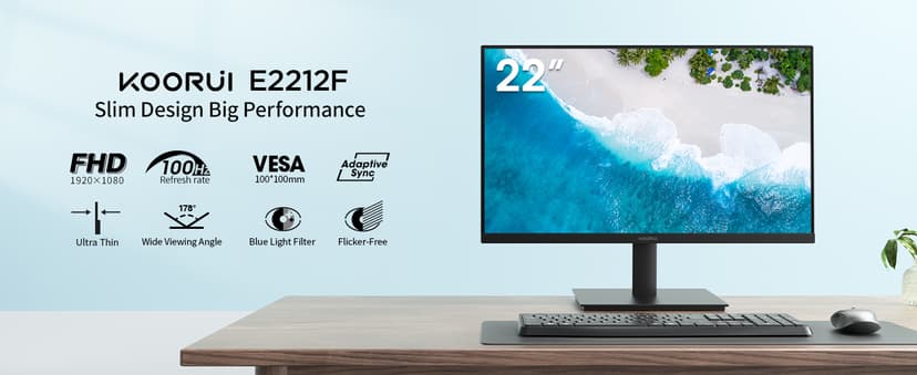 KOORUI 22 Inch Computer Monitor Full HD 1080P 100Hz PC Gaming Screen VA Panel Ultra-Slim Display 3000:1 Contrast Ratio with Adpitive Sync (HDMI/VGA/VESA Compatible 100x100mm/Audio Out), Tilt, Black