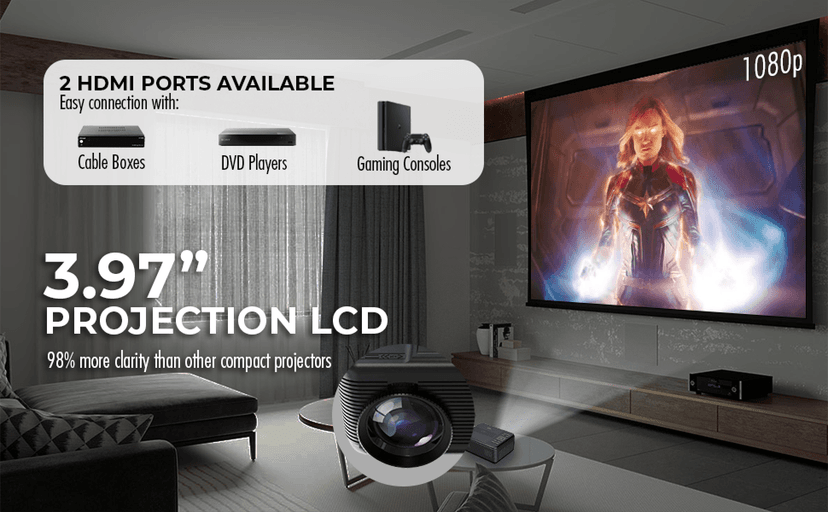 RCA DVD PROJECTOR WITH SPEAKER BUILT IN - Mini Portable Projector with Bluetooth - Indoor/Outdoor Projector and Screen Package - HDMI/AV/VGA/Micro SD Compatible - Quiet Fan System - 1920x1080 Res