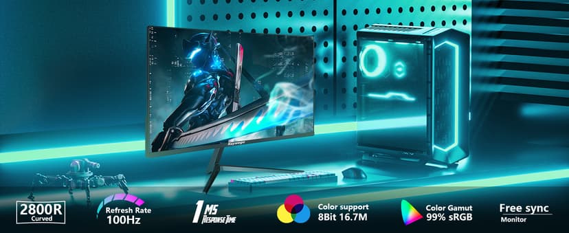 24 inch 3000R Curved Monitor 100Hz FHD 1920x1080p Refresh Rate 16:9 Aspect Ratio Ergonomic Tilt & VESA Compatible - Home Office Gaming Monitor Sync Visual Experience for Work & Play,HDMI * 2