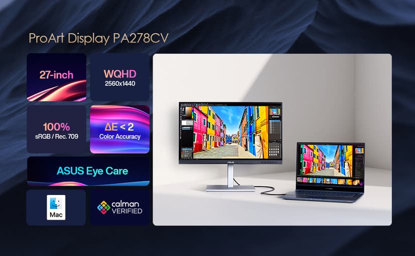 ASUS ProArt Display 27" Monitor PA278CV - WQHD (2560 x 1440), IPS, 100% sRGB, 100% Rec. 709, ΔE < 2, Calman Verified, USB Hub, USB-C, DisplayPort Daisy-chaining, HDMI, Eye Care, Height Adjustable
