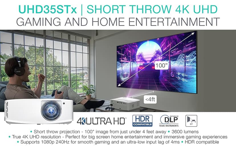 Optoma UHD35STx Short Throw True 4K UHD Gaming and Home Entertainment Projector 3,600 Lumens 240Hz Refresh Rate and Ultra-Low 4ms Response Time
