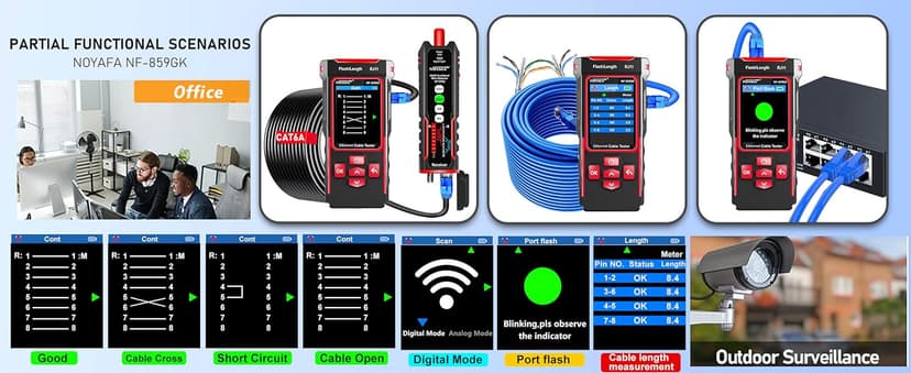 NOYAFA NF-859GK Network Cable Tester with IP Tester 10mw Visual Fault Locator,PING/POE/RJ45 RJ11 CAT5 CAT6 Cable Toner Ethernet Tester for Phone Lines CAT3, Ethernet,Wire Tracer LAN Network Tool