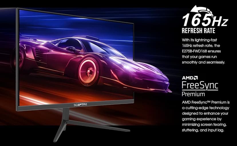 Sceptre 27-inch Gaming Monitor 165Hz 144Hz 1ms AMD FreeSync Premium HDMI DisplayPort Build-in Speakers, 99% sRGB Machine Black (E275B-FWD168 Series)