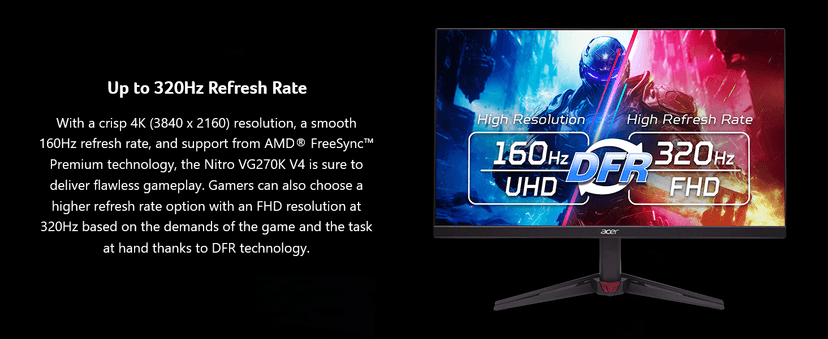 Acer Nitro 27” 4K UHD 3840 x 2160 Gaming IPS Monitor | AMD FreeSync Premium | Up to 160Hz Refresh Rate with DFR to FHD 320Hz| Up to 0.5ms | 1 x Display Port 1.4 & 2 x HDMI 2.1 Ports | VG270K V4bmiipx