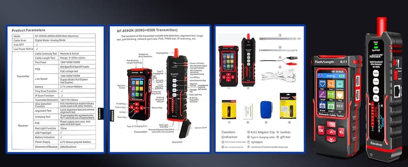 NOYAFA NF-859GK Network Cable Tester with IP Tester 10mw Visual Fault Locator,PING/POE/RJ45 RJ11 CAT5 CAT6 Cable Toner Ethernet Tester for Phone Lines CAT3, Ethernet,Wire Tracer LAN Network Tool
