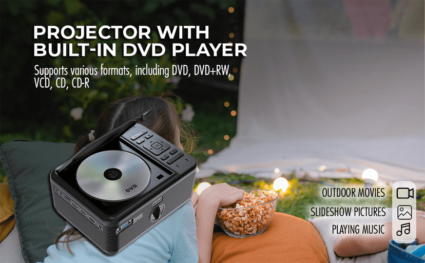 RCA DVD PROJECTOR WITH SPEAKER BUILT IN - Mini Portable Projector with Bluetooth - Indoor/Outdoor Projector and Screen Package - HDMI/AV/VGA/Micro SD Compatible - Quiet Fan System - 1920x1080 Res
