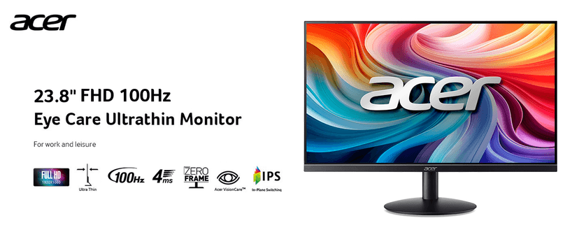Acer 23.8" Professional Home Office Monitor | Full HD (1920 x 1080) | Ultra-Thin | Zero-Frame | Up to 100Hz Refresh | 4ms (G to G) | Tilt | HDMI & VGA Ports | SB242Y H1bi