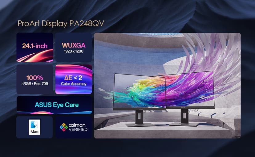 ASUS ProArt Display PA248QV 24.1” WUXGA (1920 x 1200) 16:10 Monitor, 100% sRGB/Rec.709 ΔE < 2, IPS, DisplayPort HDMI D-Sub, Calman Verified, Anti-glare, Tilt Pivot Swivel Height Adjustable, Black