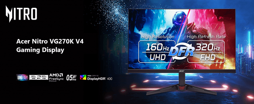 Acer Nitro 27” 4K UHD 3840 x 2160 Gaming IPS Monitor | AMD FreeSync Premium | Up to 160Hz Refresh Rate with DFR to FHD 320Hz| Up to 0.5ms | 1 x Display Port 1.4 & 2 x HDMI 2.1 Ports | VG270K V4bmiipx