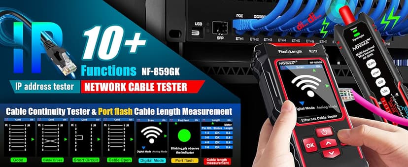 NOYAFA NF-859GK Network Cable Tester with IP Tester 10mw Visual Fault Locator,PING/POE/RJ45 RJ11 CAT5 CAT6 Cable Toner Ethernet Tester for Phone Lines CAT3, Ethernet,Wire Tracer LAN Network Tool
