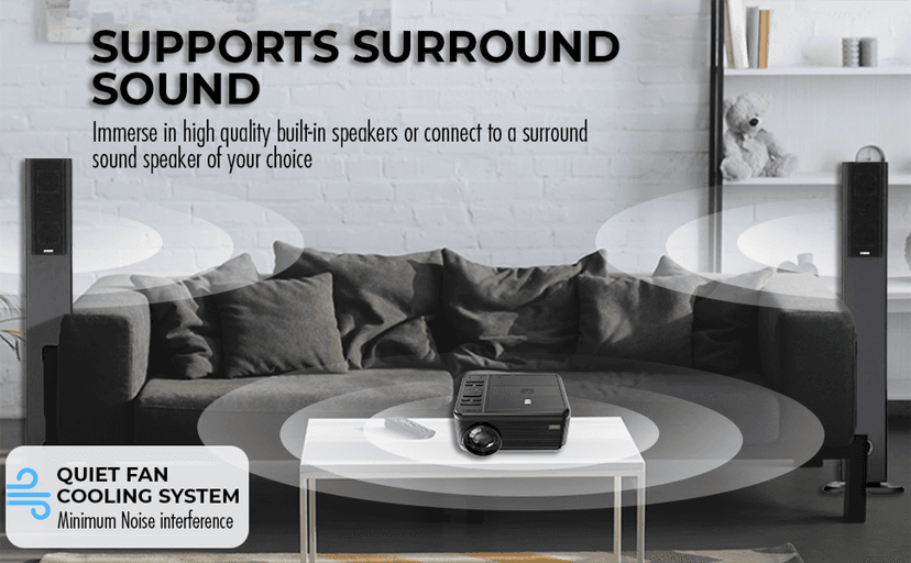 RCA DVD PROJECTOR WITH SPEAKER BUILT IN - Mini Portable Projector with Bluetooth - Indoor/Outdoor Projector and Screen Package - HDMI/AV/VGA/Micro SD Compatible - Quiet Fan System - 1920x1080 Res