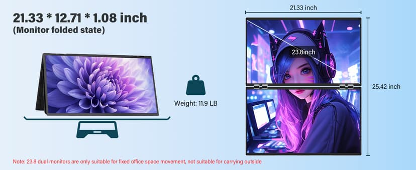 InnoView 23.8" Dual Mnonitor 4K UHD 100% sRGB Dual Screen Monitor 315°Adjustable Foldable Monitor for Laptop MacBook Windows with DP Type-C HDMI (No Driver Needed)