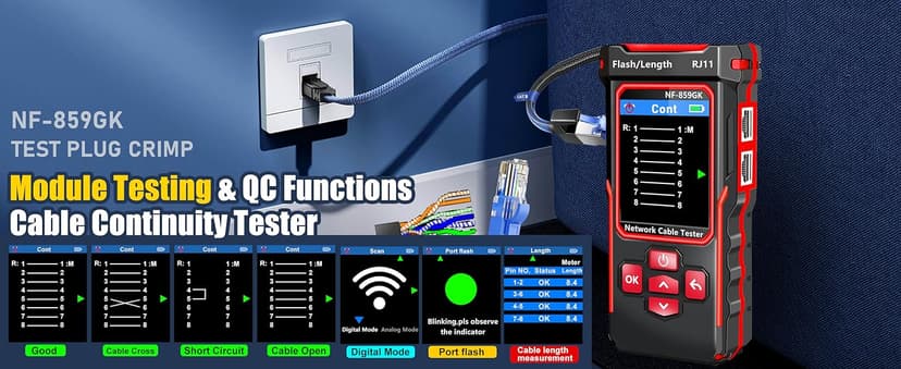 NOYAFA NF-859GK Network Cable Tester with IP Tester 10mw Visual Fault Locator,PING/POE/RJ45 RJ11 CAT5 CAT6 Cable Toner Ethernet Tester for Phone Lines CAT3, Ethernet,Wire Tracer LAN Network Tool