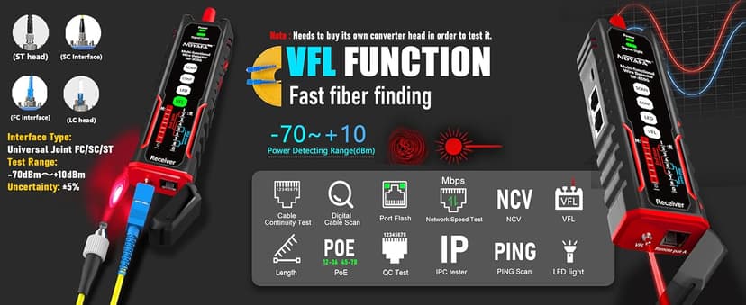 NOYAFA NF-859GK Network Cable Tester with IP Tester 10mw Visual Fault Locator,PING/POE/RJ45 RJ11 CAT5 CAT6 Cable Toner Ethernet Tester for Phone Lines CAT3, Ethernet,Wire Tracer LAN Network Tool